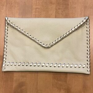 LAGGO Pebbled Ivory 100% Leather Envelope Clutch Bag Gold Woven 7” x 10.5”